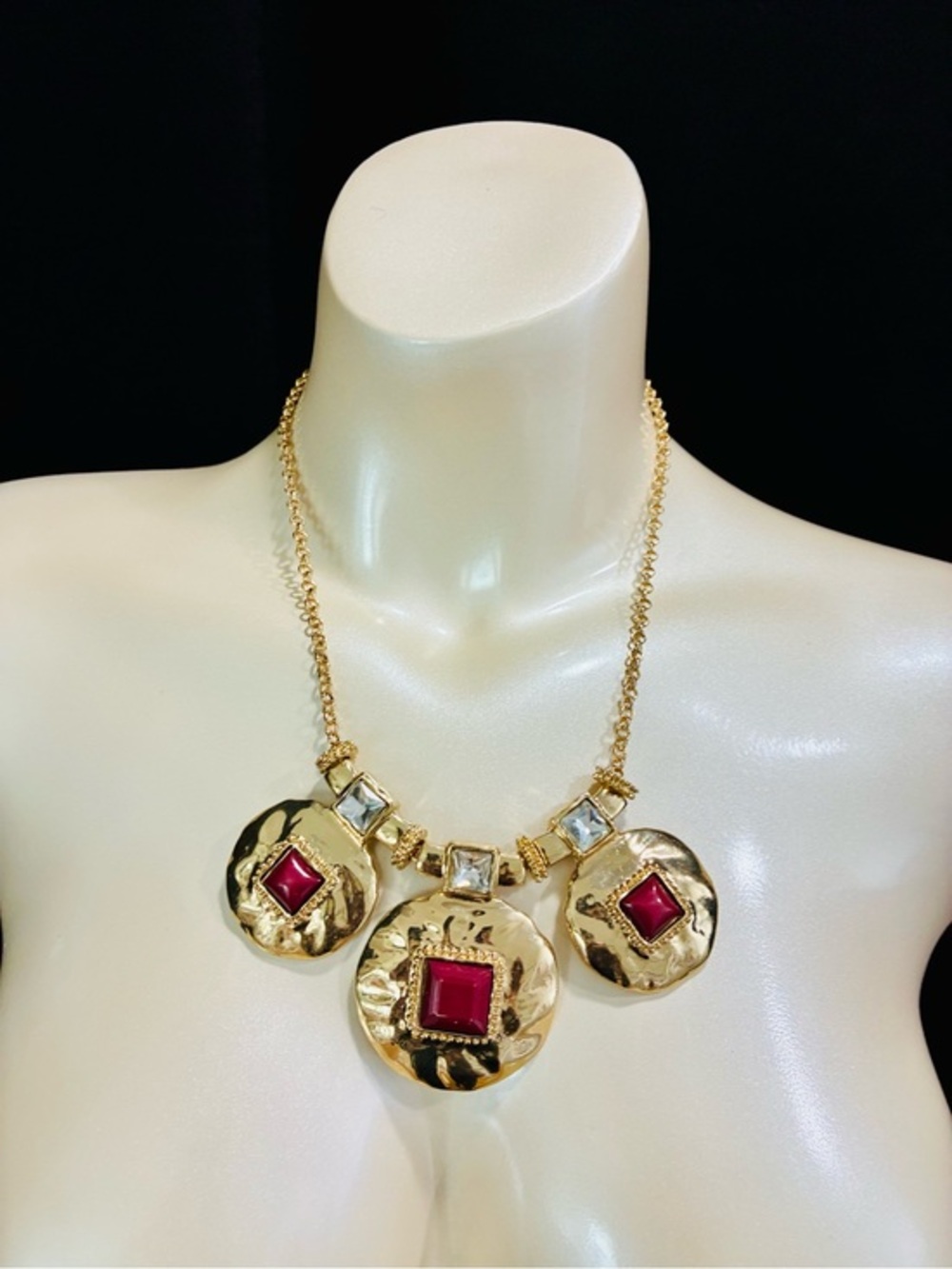 Gold-Tone Statement Necklace Red Acrylic Faux Gem Accents Renaissance Revival